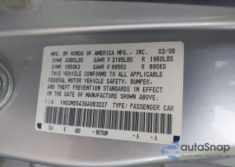 2006 Honda Accord 2.4 Lx z USA, uszkodzony, nr VIN 1HGCM55436A083227